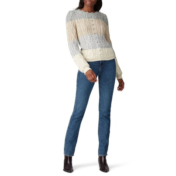 Rebecca Taylor Cable-Knit Striped Sweater XS Wool-Blend Beige/Gray/Ivory Ribbed - Picture 3 of 8